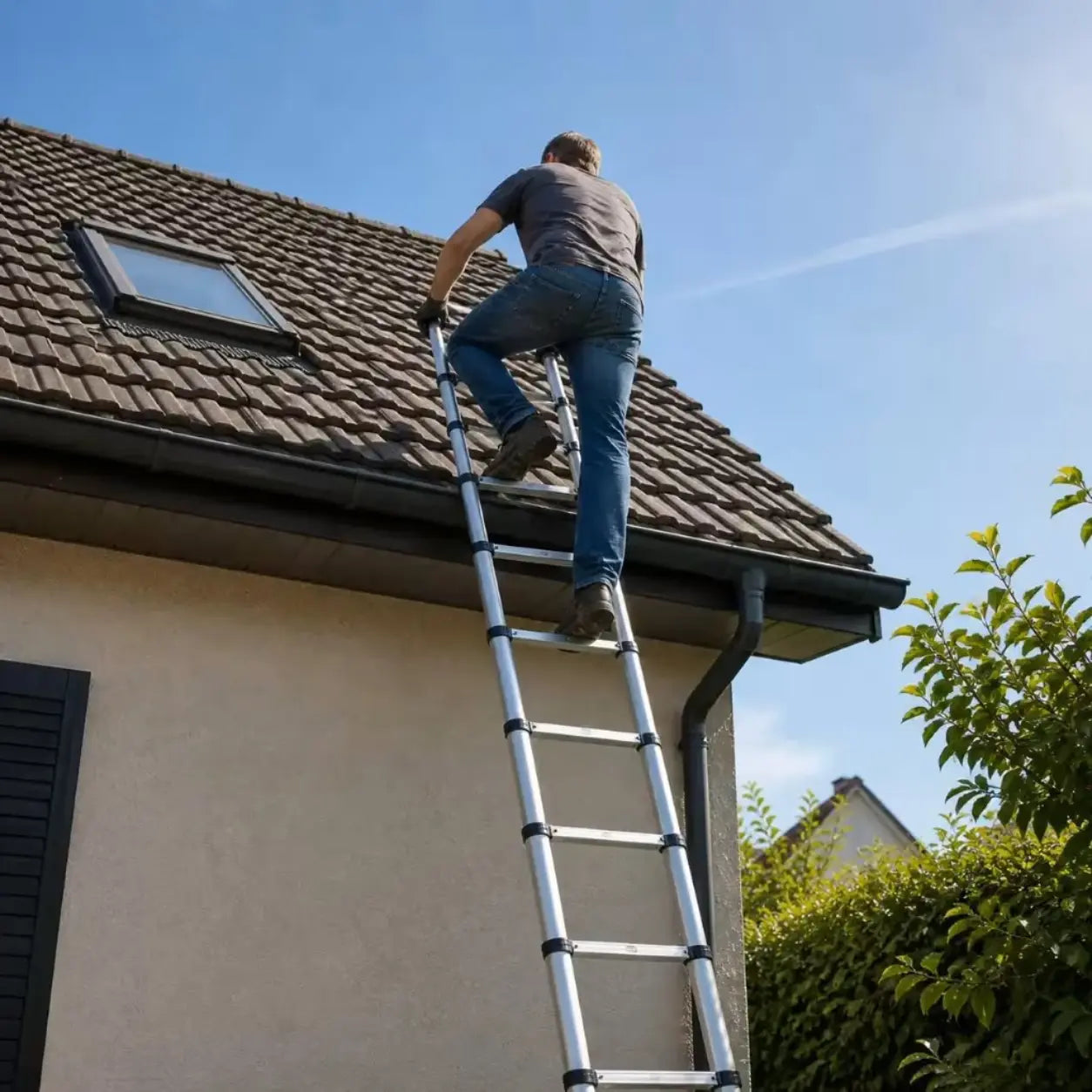 Person climbing a telescopic ladder to access a roof safely Image