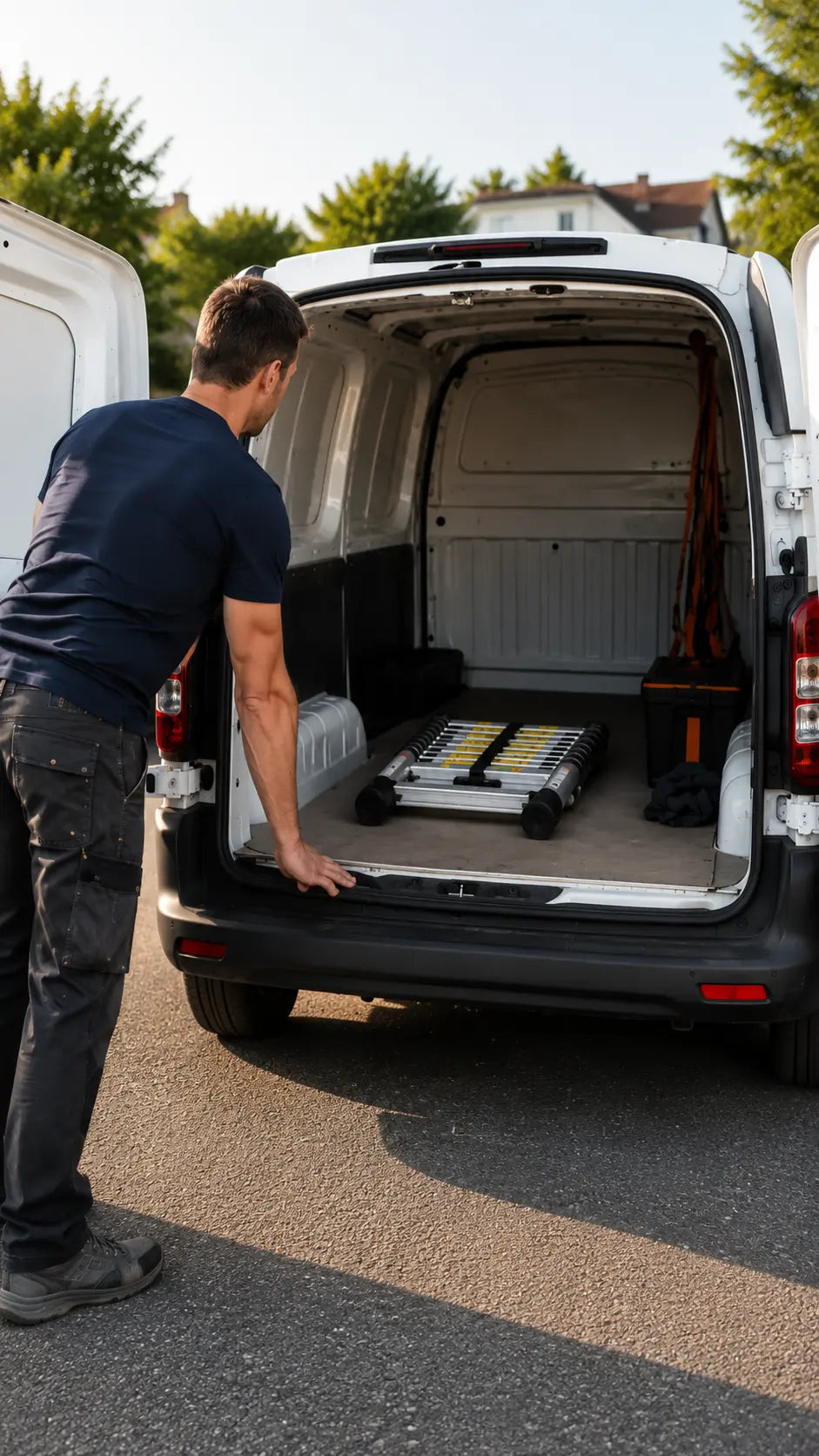 Tradesperson loading a folded telescopic ladder into a van Image